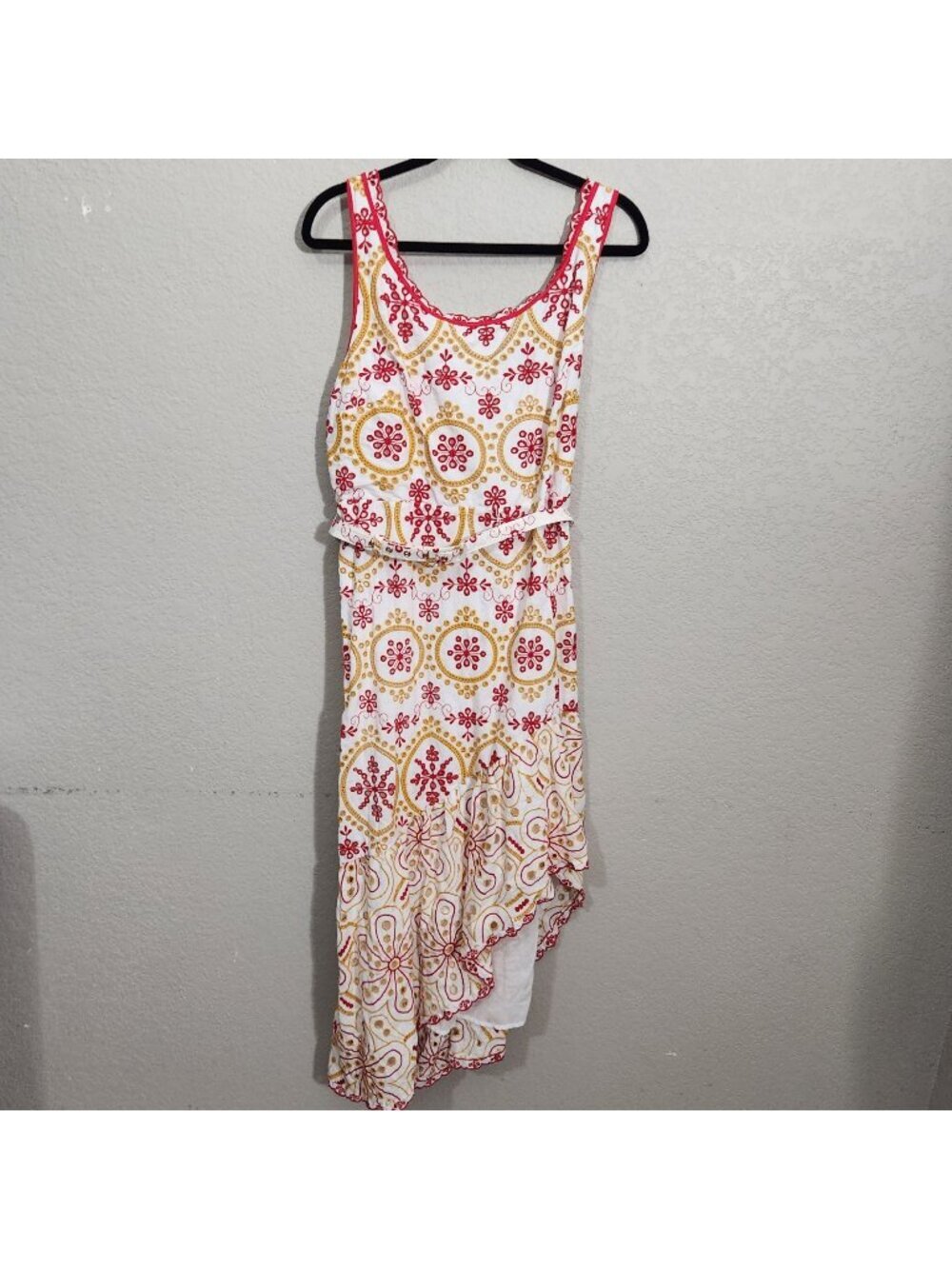 Cato Womens Sleeveless Dress White Red Yellow Embroidery Asymmetrical Eyelette